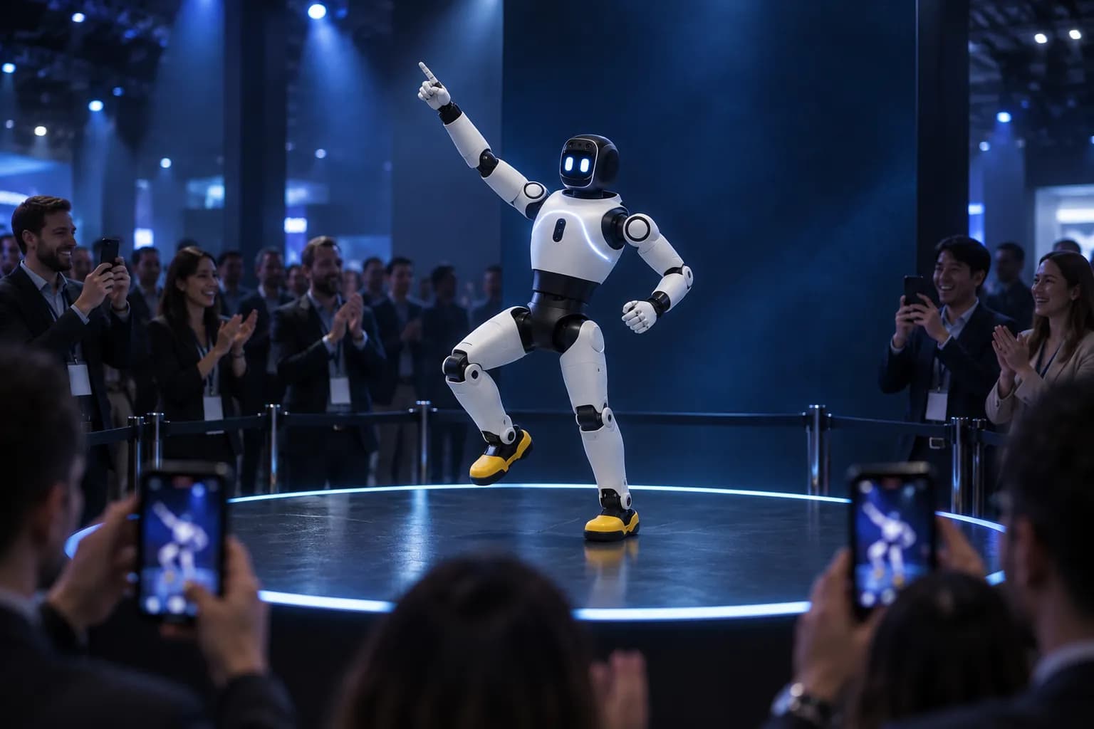 Робот AgiBot X2 выступает на сцене стенда, зрители снимают на телефоны
