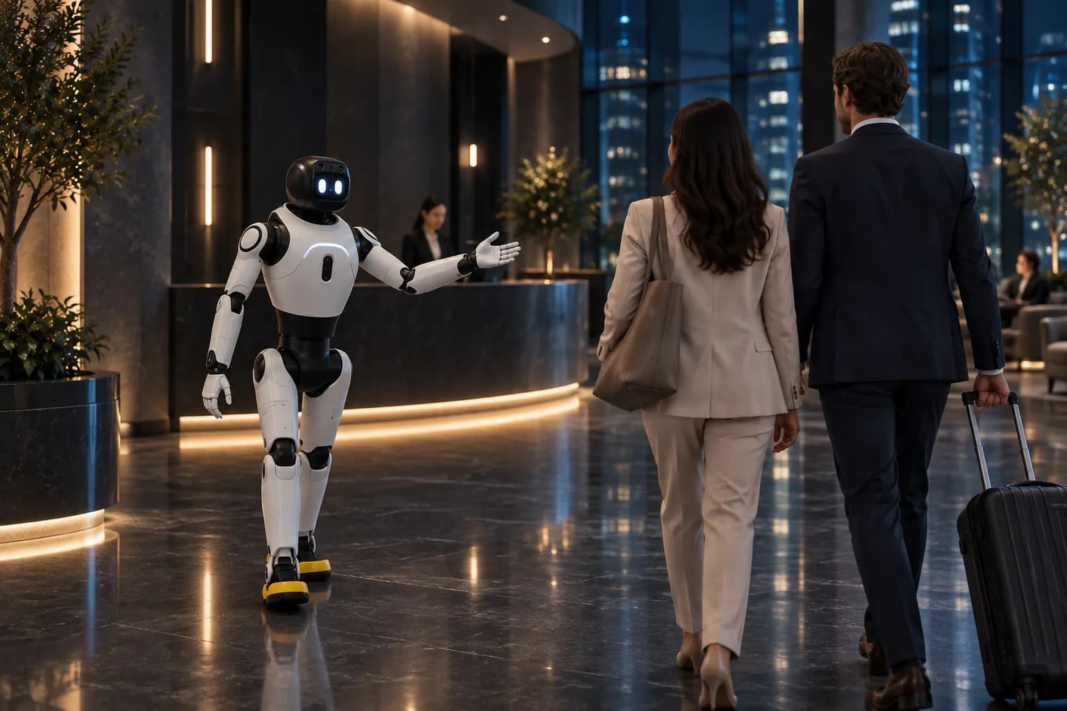 Робот AgiBot X2 в лобби бизнес-центра показывает гостям дорогу