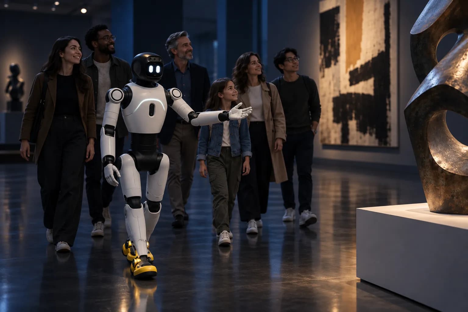 Робот AgiBot X2 ведёт группу посетителей по залу музея