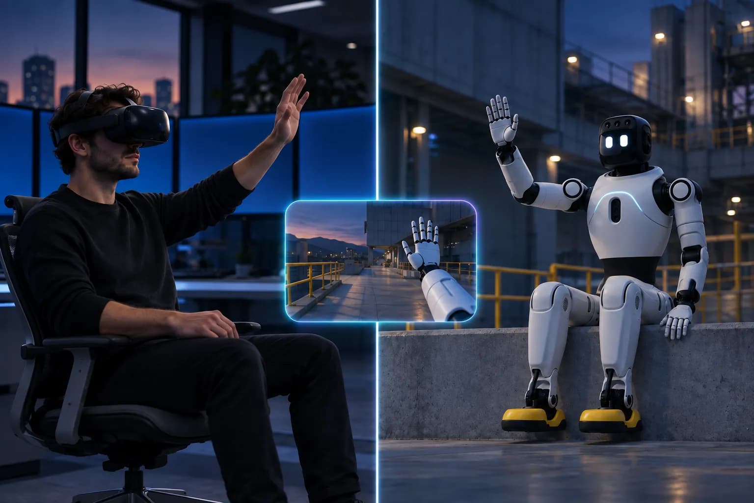 Оператор в VR-шлеме поднимает руку, AgiBot X2 на другой площадке повторяет жест