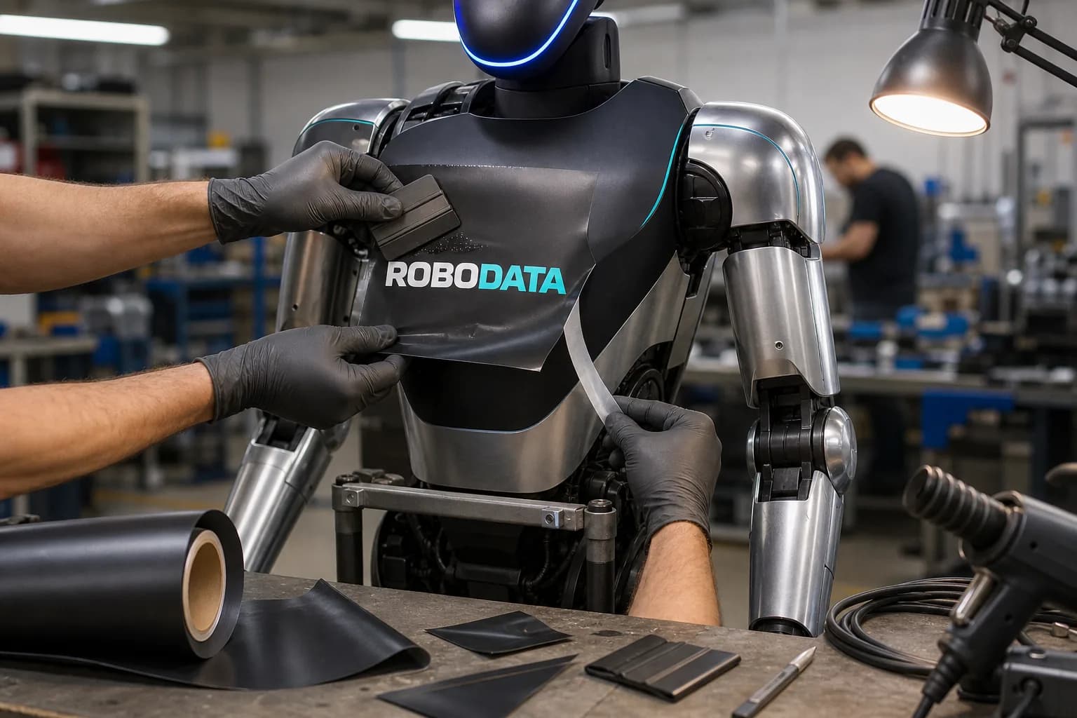 Техник в мастерской прикатывает ракелем плёнку с логотипом ROBODATA на грудную панель гуманоида Unitree G1