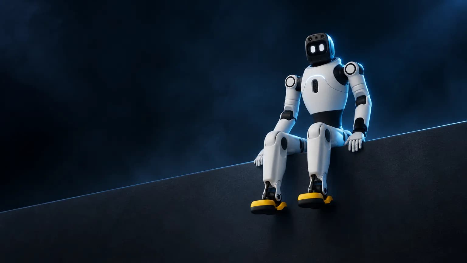 Робот AgiBot X2 сидит на краю тёмной наклонной плоскости в синем свете