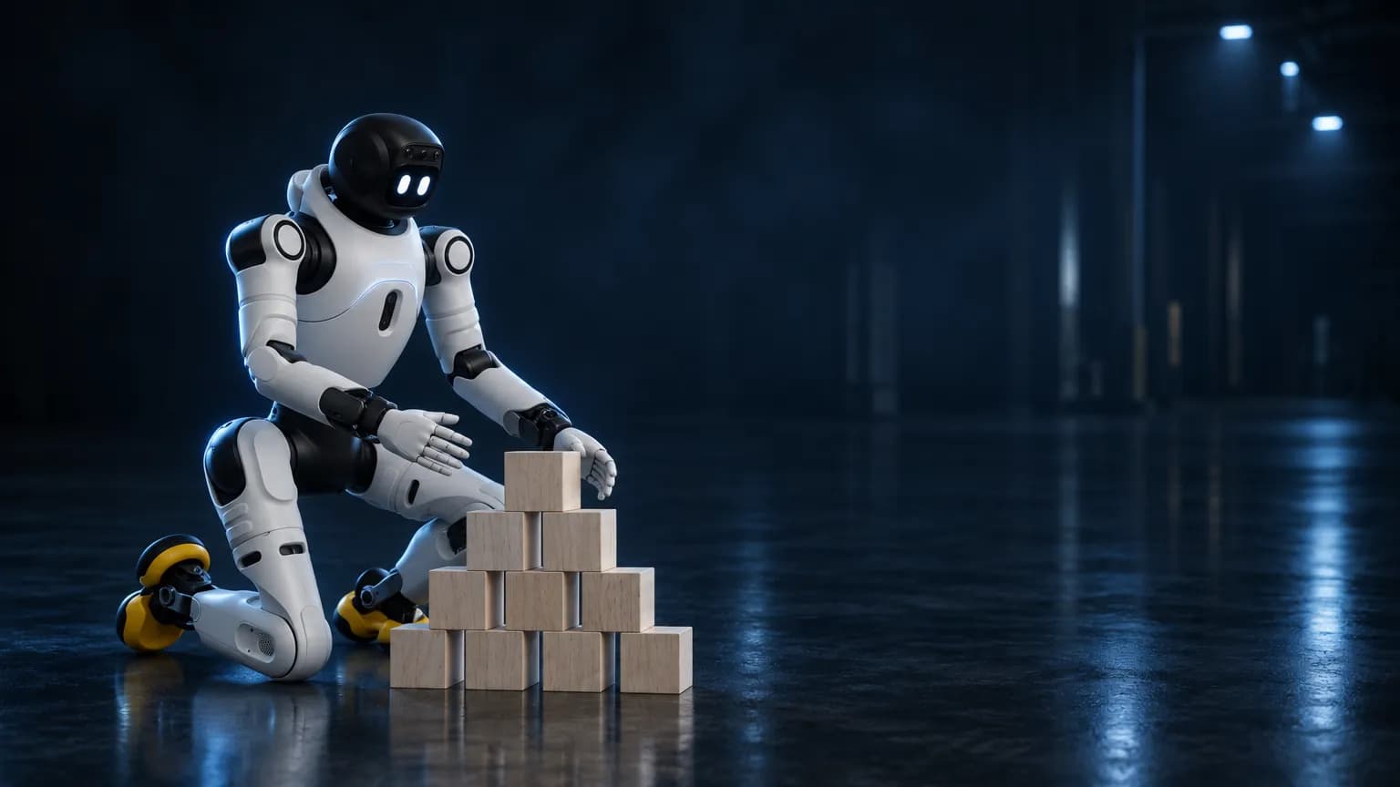 Робот AgiBot X2 опустился на колено рядом с деревянными кубиками