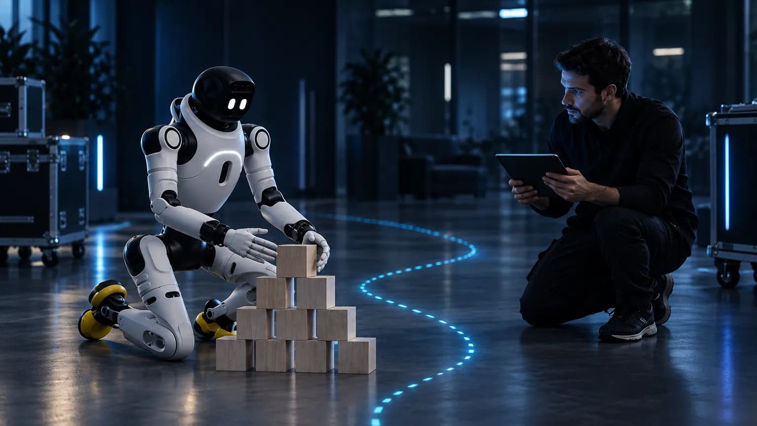 Инженер с планшетом настраивает навык, AgiBot X2 на колене у пирамиды из кубиков