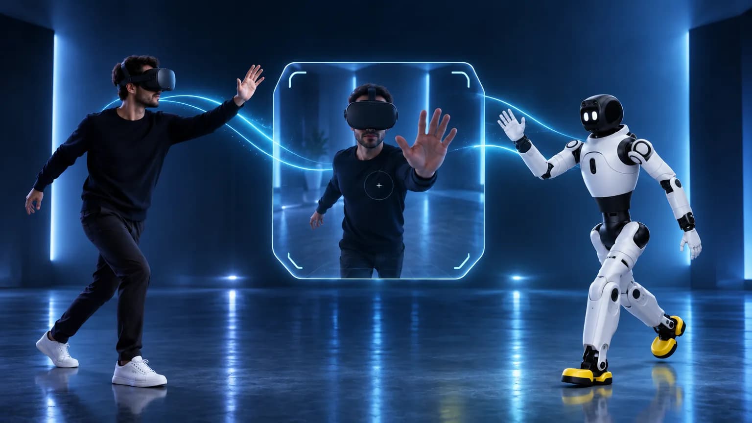 Оператор в VR-шлеме поднимает руку, робот AgiBot X2 повторяет движение, между ними вид глазами робота